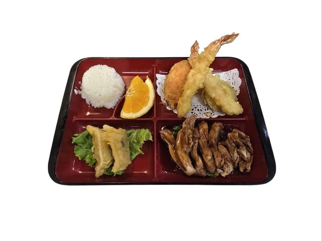 Kids Meal W/ Miso Soup, Rice, Fried Gyoza, Chicken Teriyaki, Tempura.