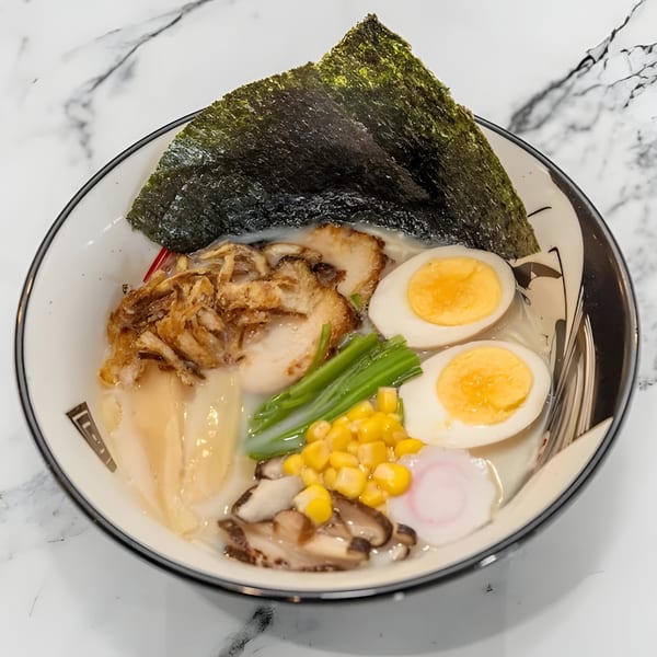 A bowl of Yashima ramen with pork, egg, corn, mushrooms, green onions, and nori seaweed.