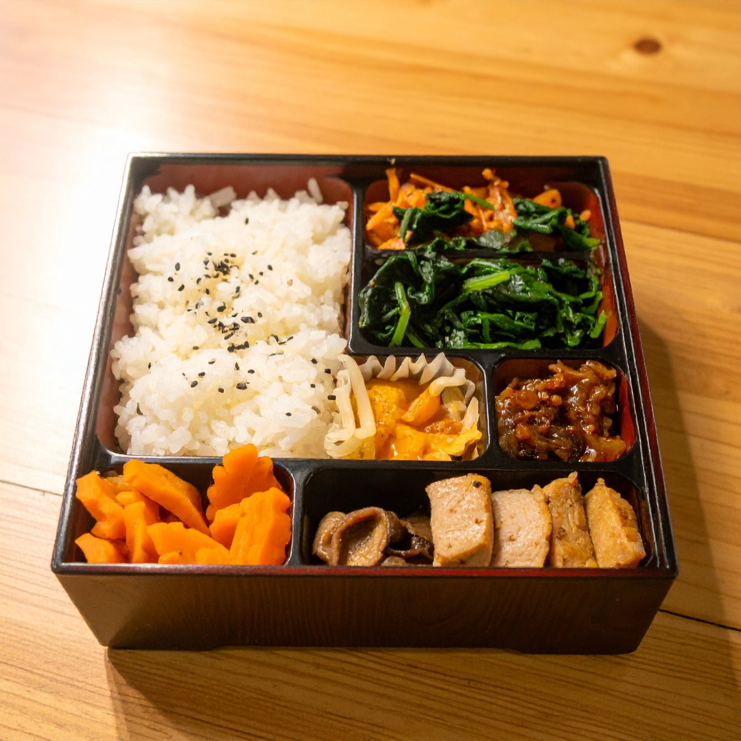 A Japanese bento box, perfect for an online order to-go.