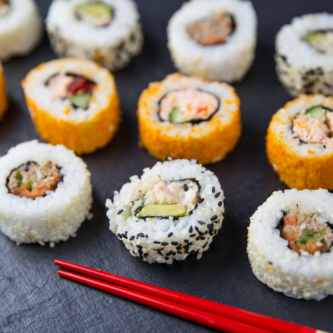 A selection of fresh sushi rolls, also a great option for Japanese lunch.