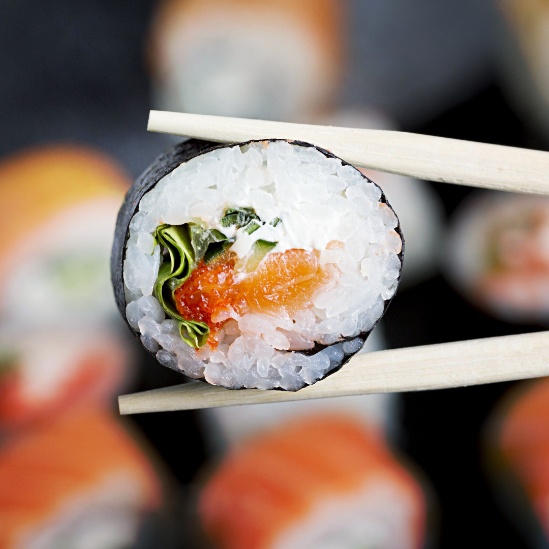 A close-up of a fresh, high-quality sushi roll