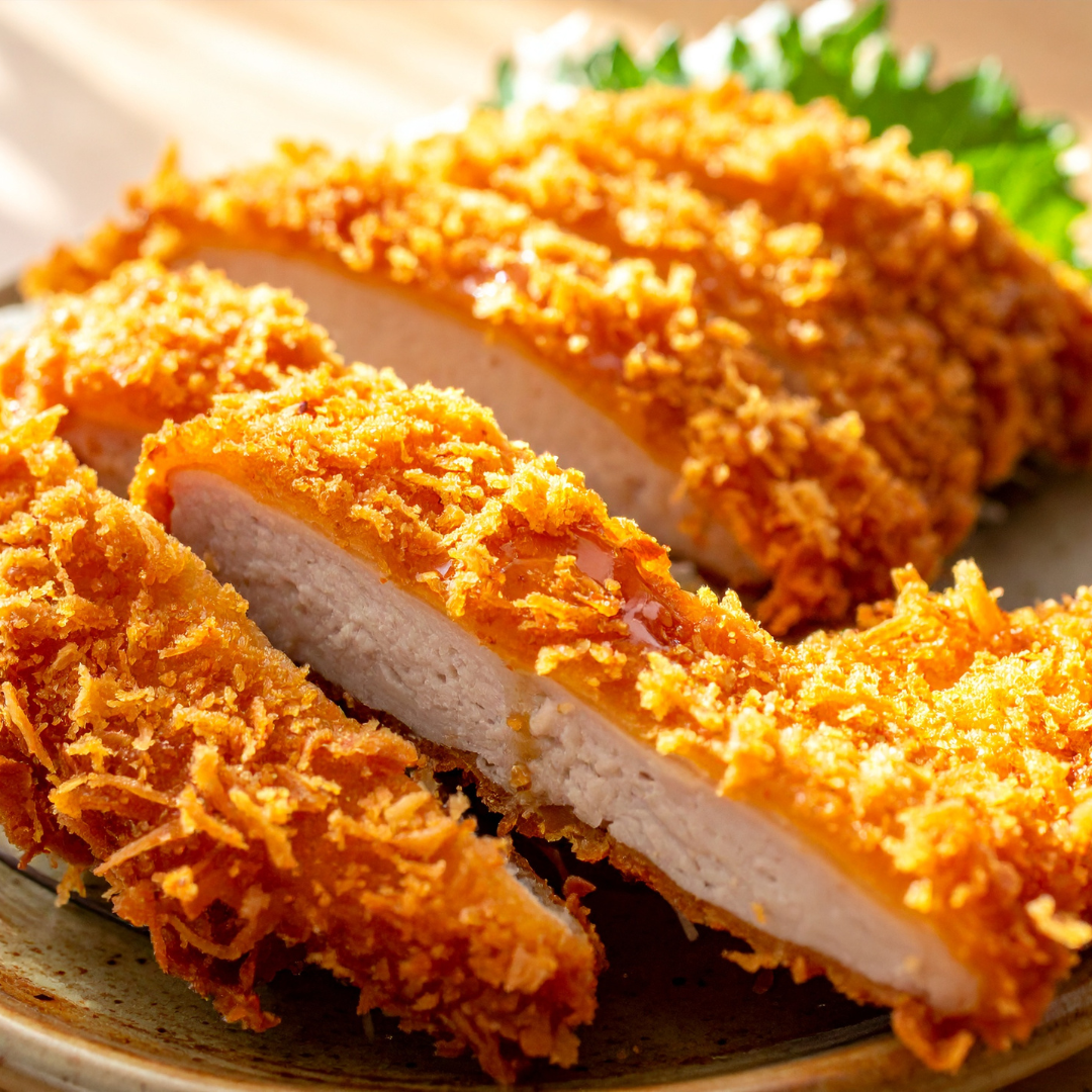 A close-up of a crispy pork cutlet (tonkatsu) before it's added to the bowl.