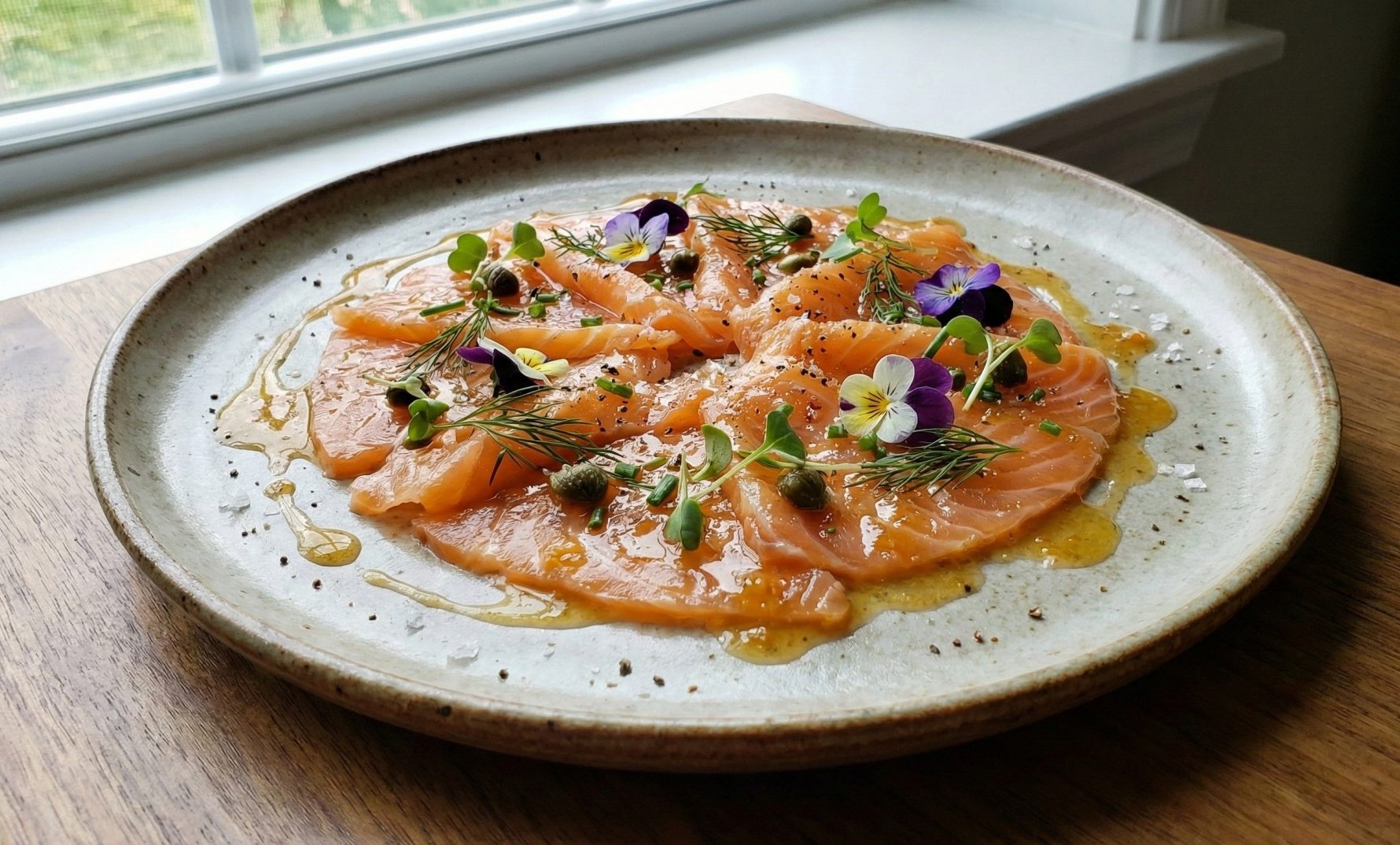 A beautifully plated Salmon Carpaccio with fresh herbs and dressing