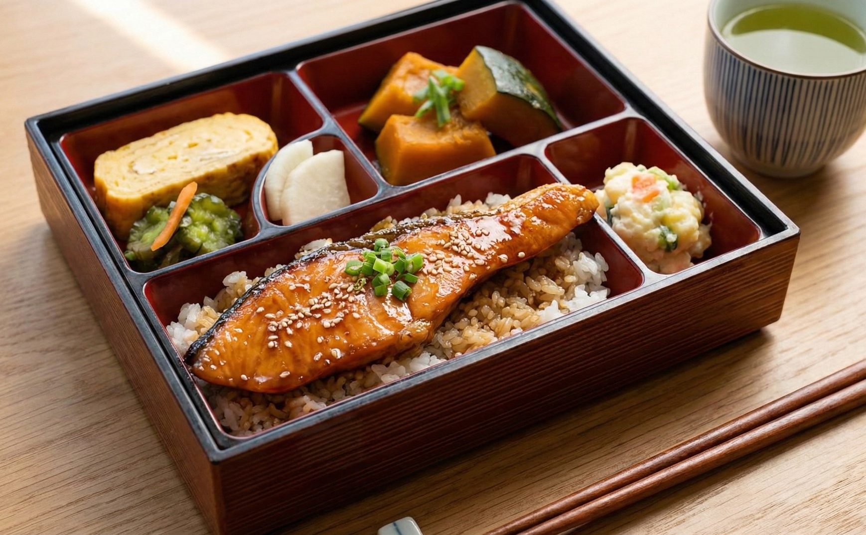 A delicious Japanese bento box featuring Salmon Teriyaki.