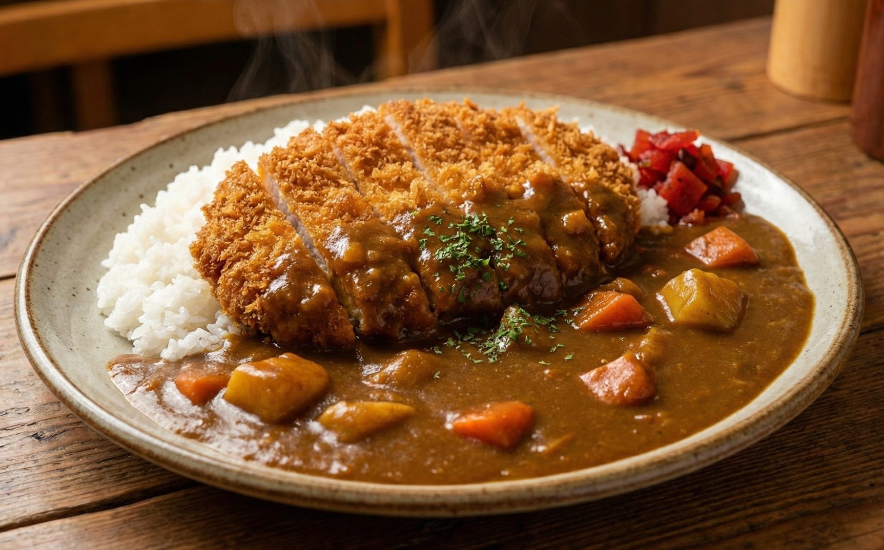 A delicious plate of Chicken Katsu Curry with rice and crispy cutlet. | Chicken Katsu Curry Covina
