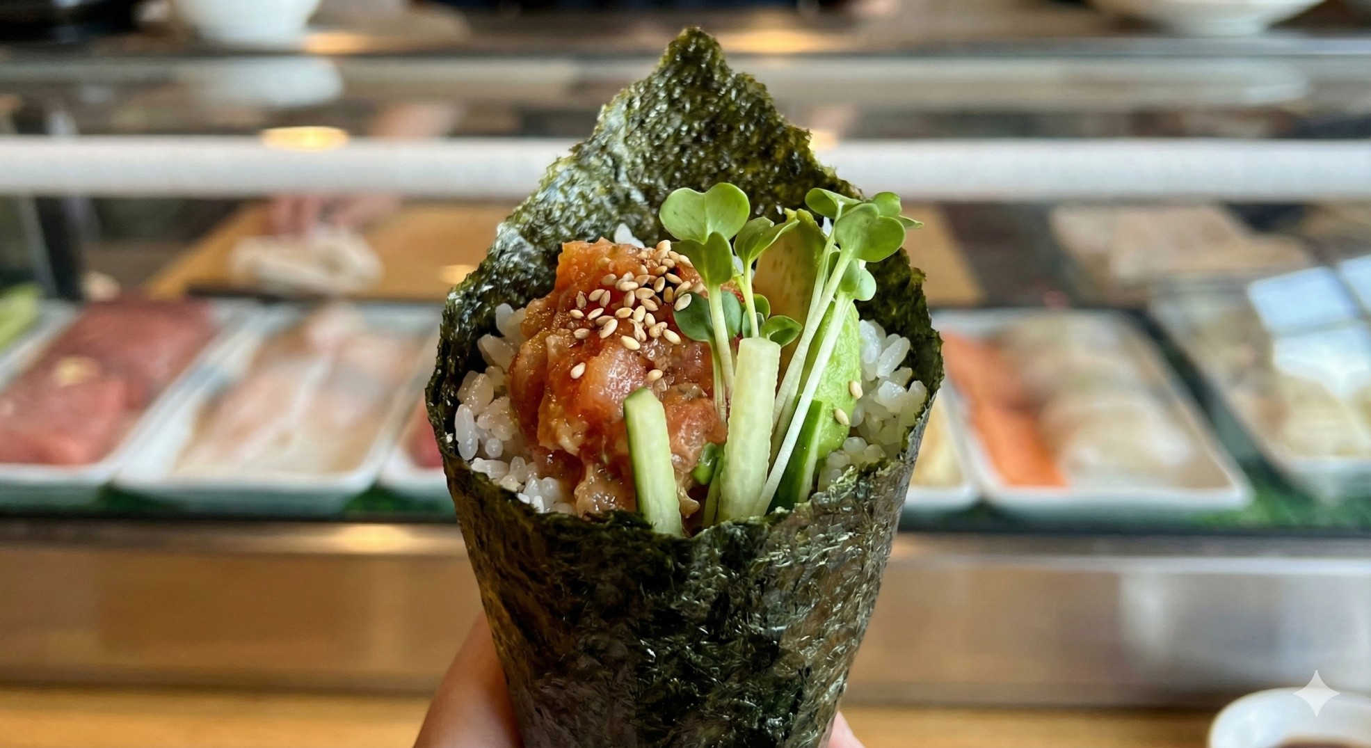 A chef holding a fresh, crispy hand roll (temaki) at a sushi bar