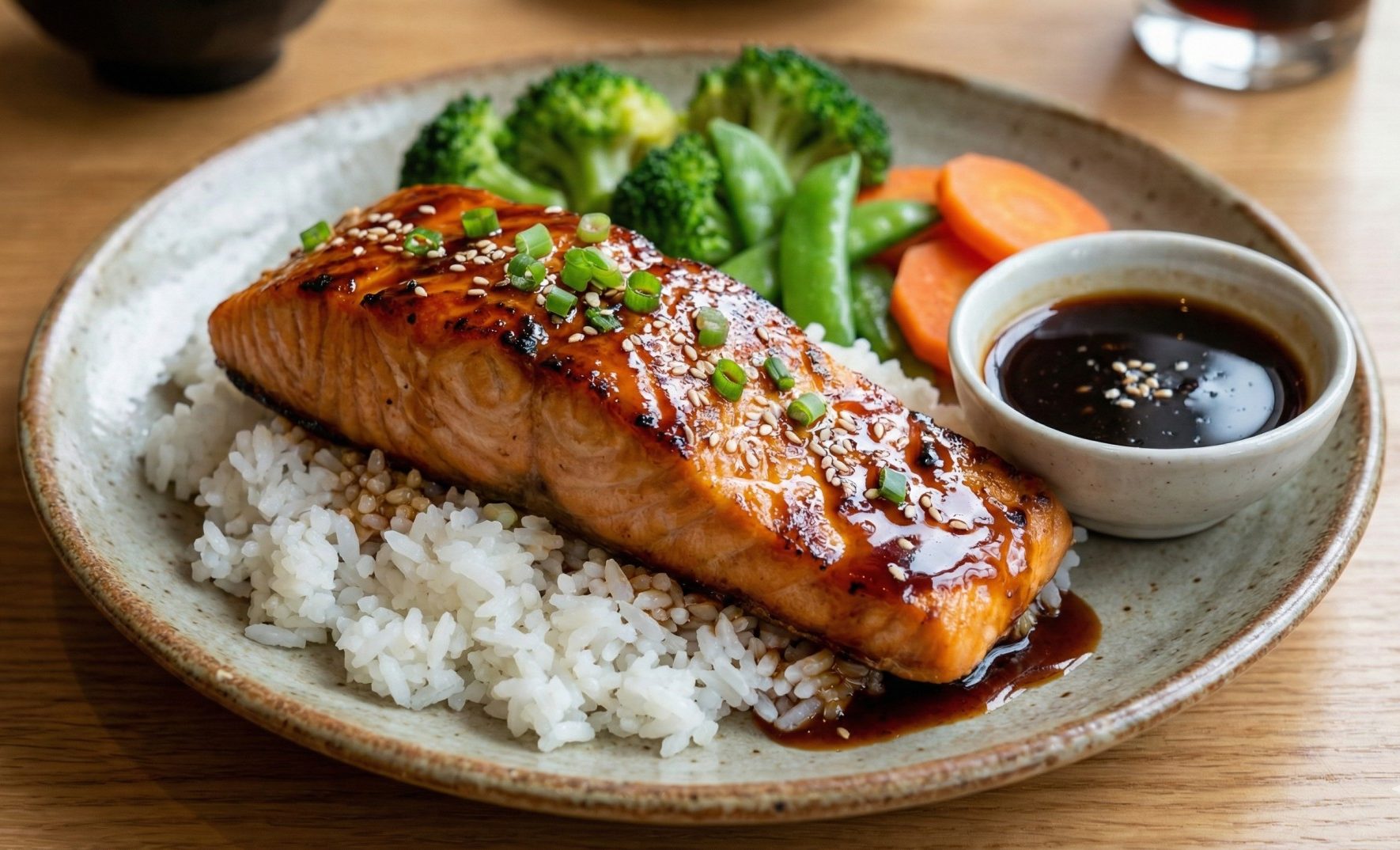 A perfectly grilled Salmon Teriyaki fillet served with rice and vegetables