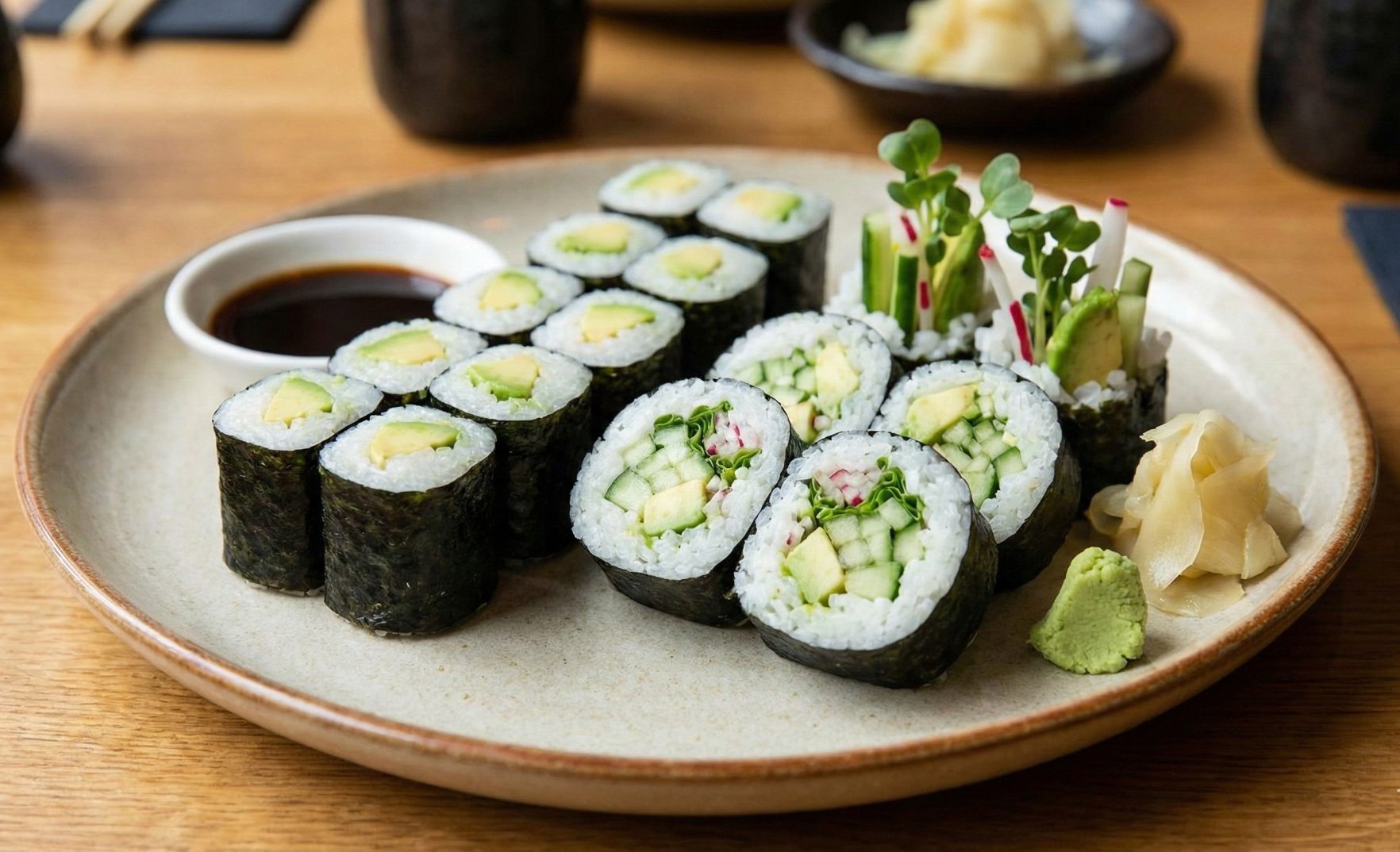 A plate of fresh Vegetable Rolls and Avocado Rolls