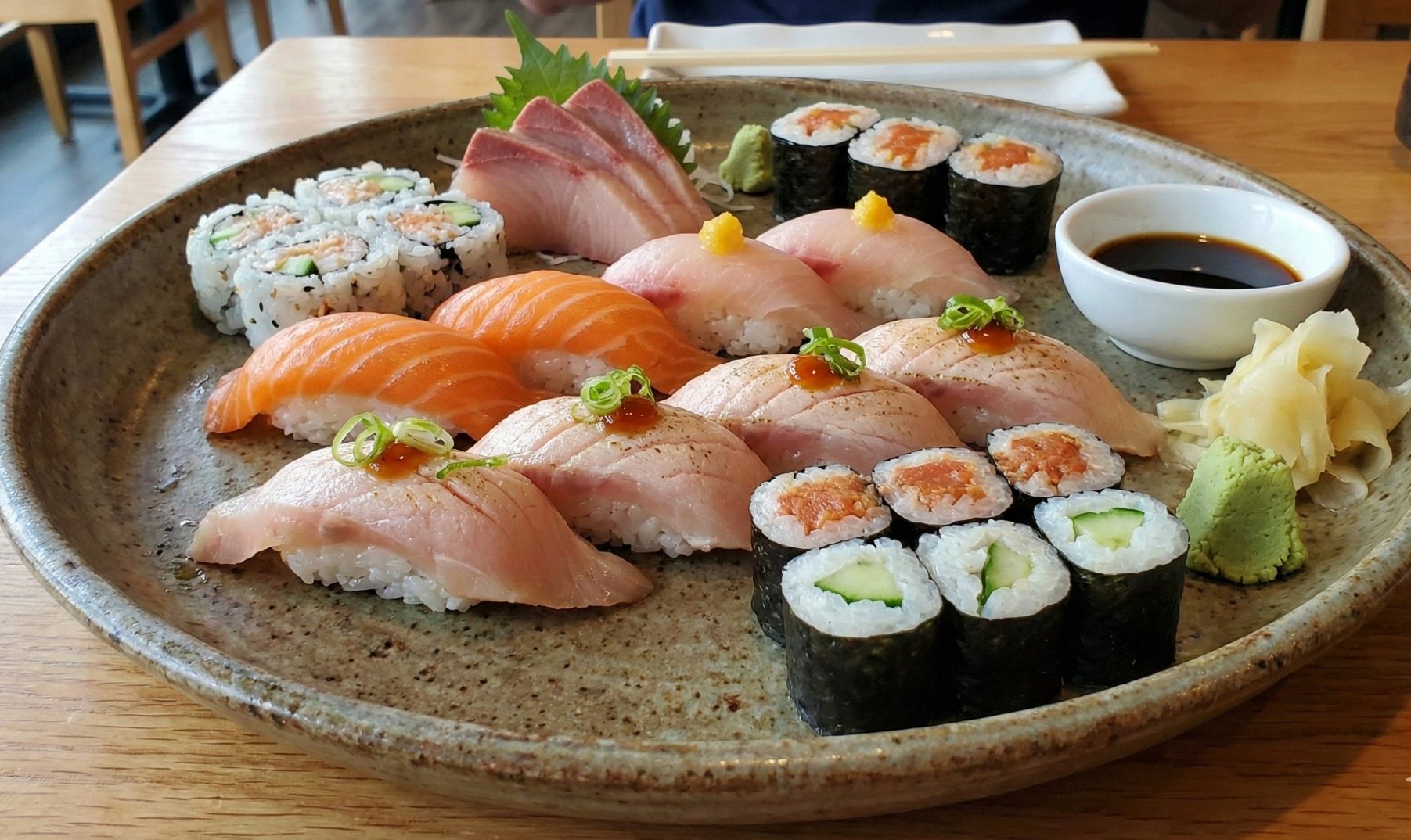 A platter of mixed sushi including fresh Albacore nigiri.