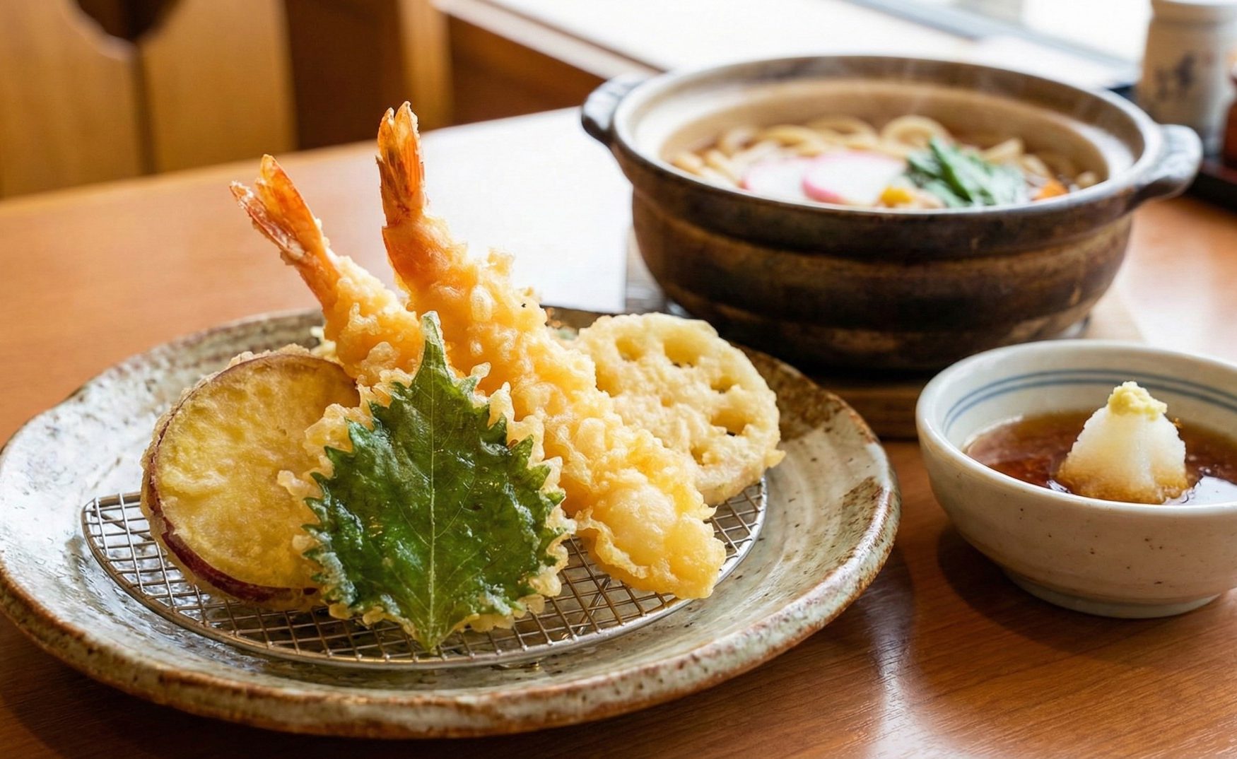 A side of crispy tempura, a key component of a great Nabeyaki Udon.