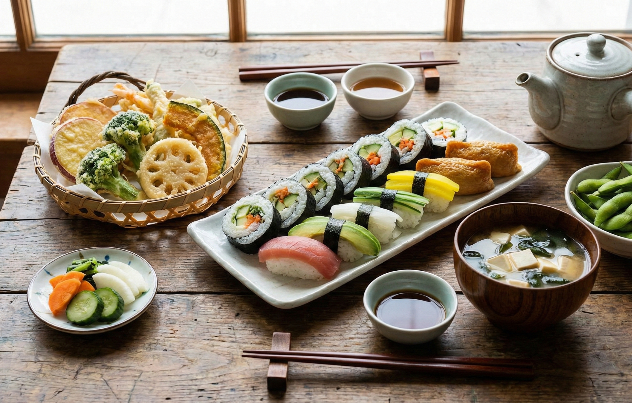 A spread of vegetarian Japanese dishes, including tempura and sushi.