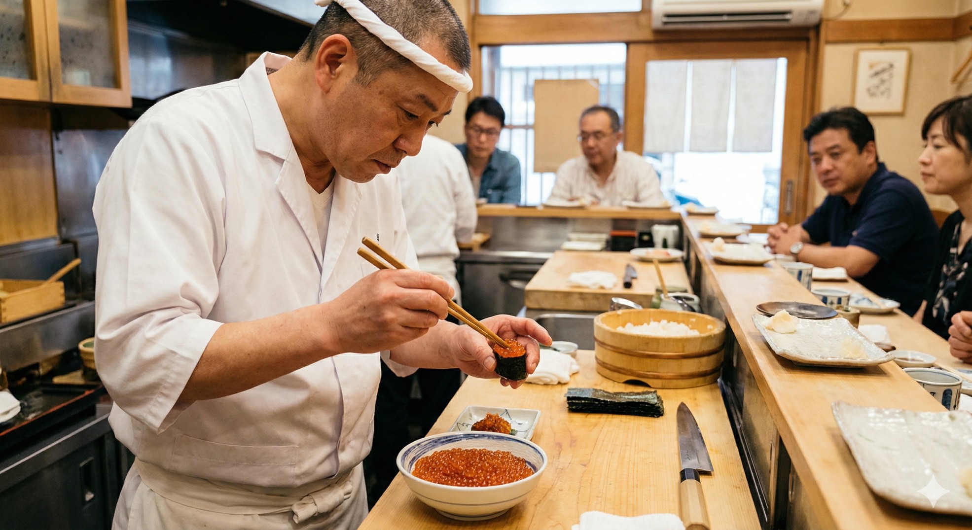 A sushi chef preparing fresh gunkan maki sushi.