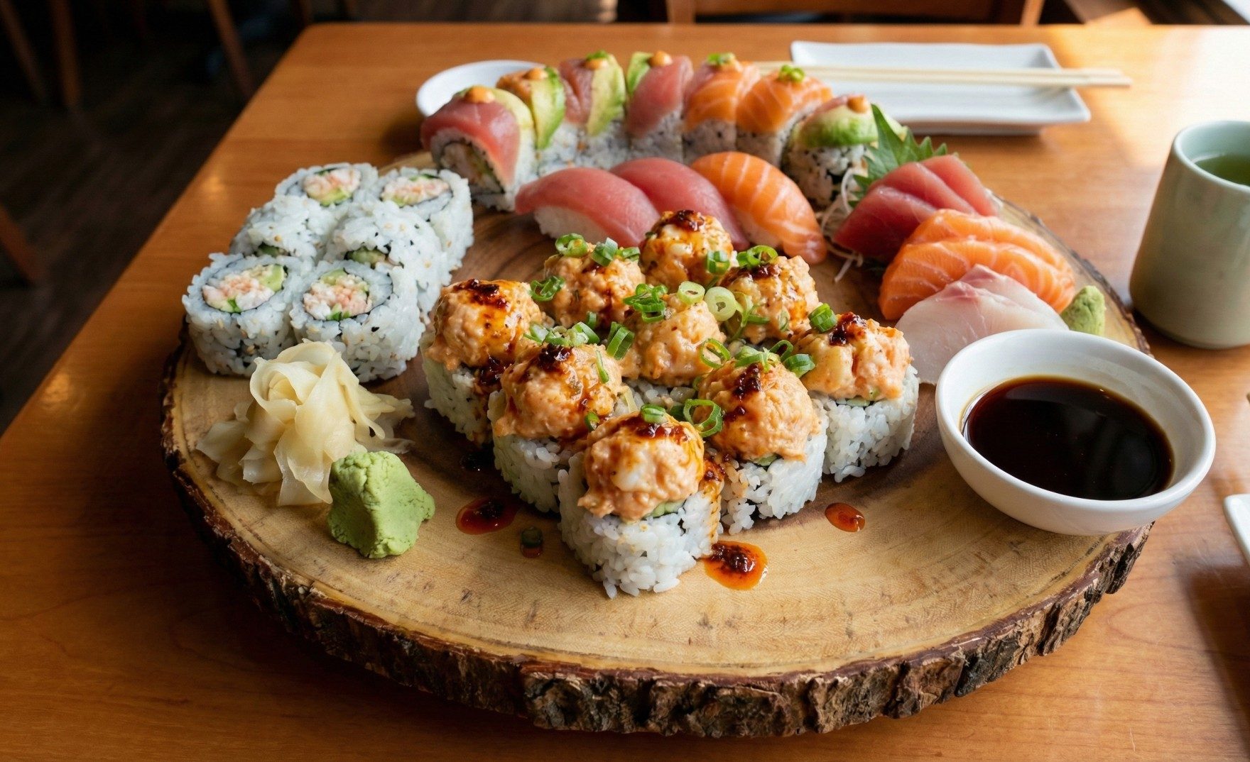 A sushi platter featuring Spicy Scallop Rolls and other favorites.