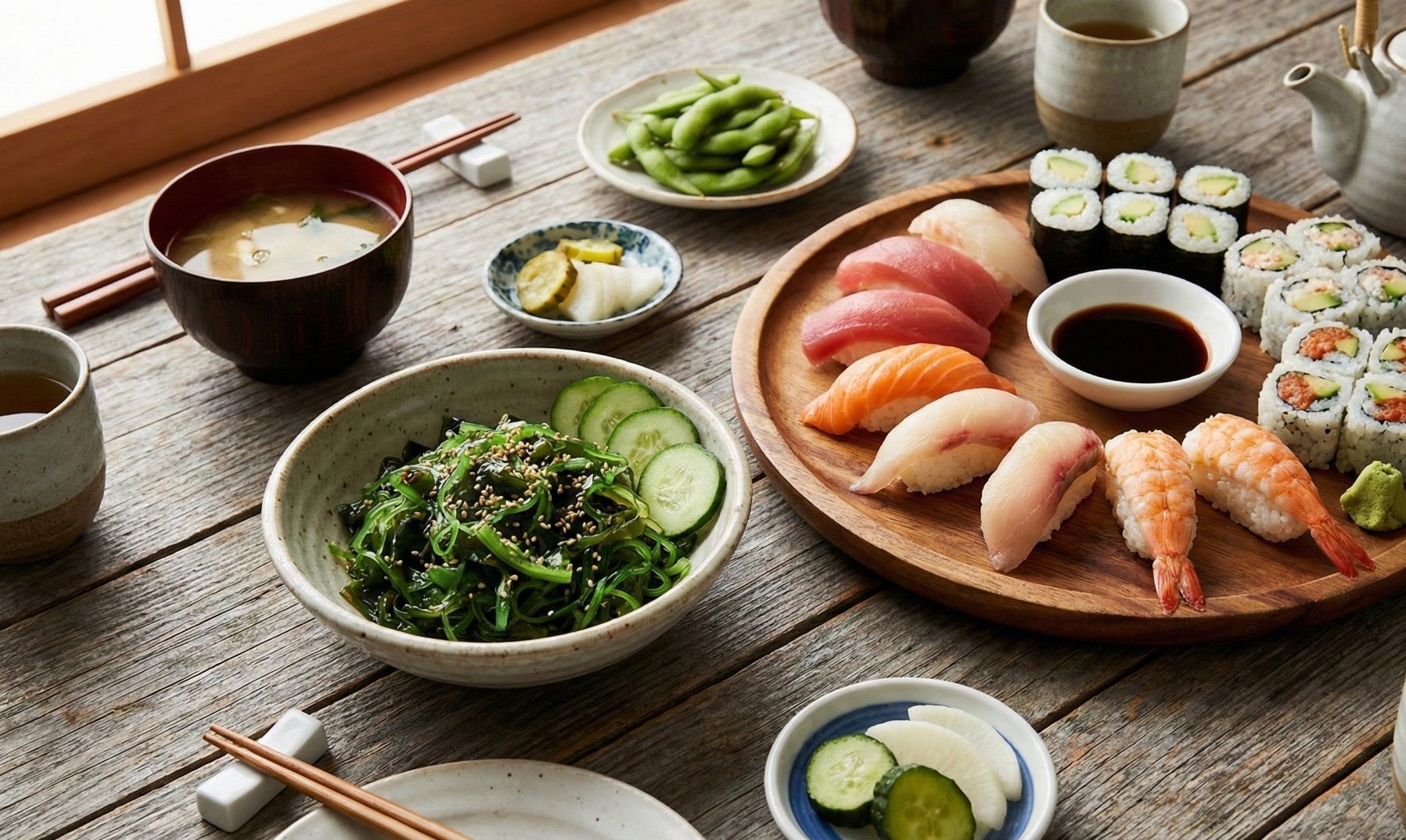 A table setting with various Japanese dishes including salad and sushi.