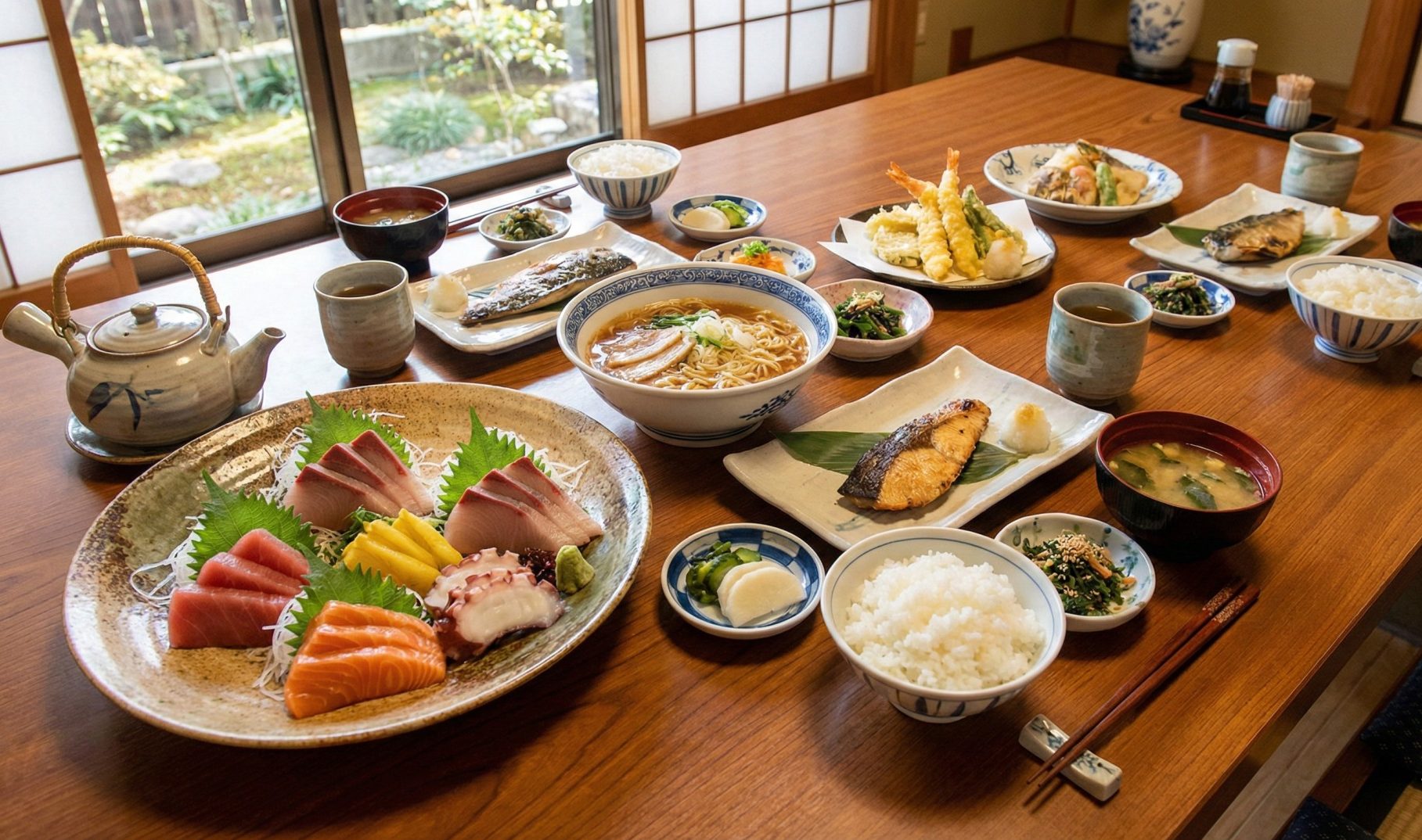 A table setting with various fresh Japanese dishes, including sashimi.