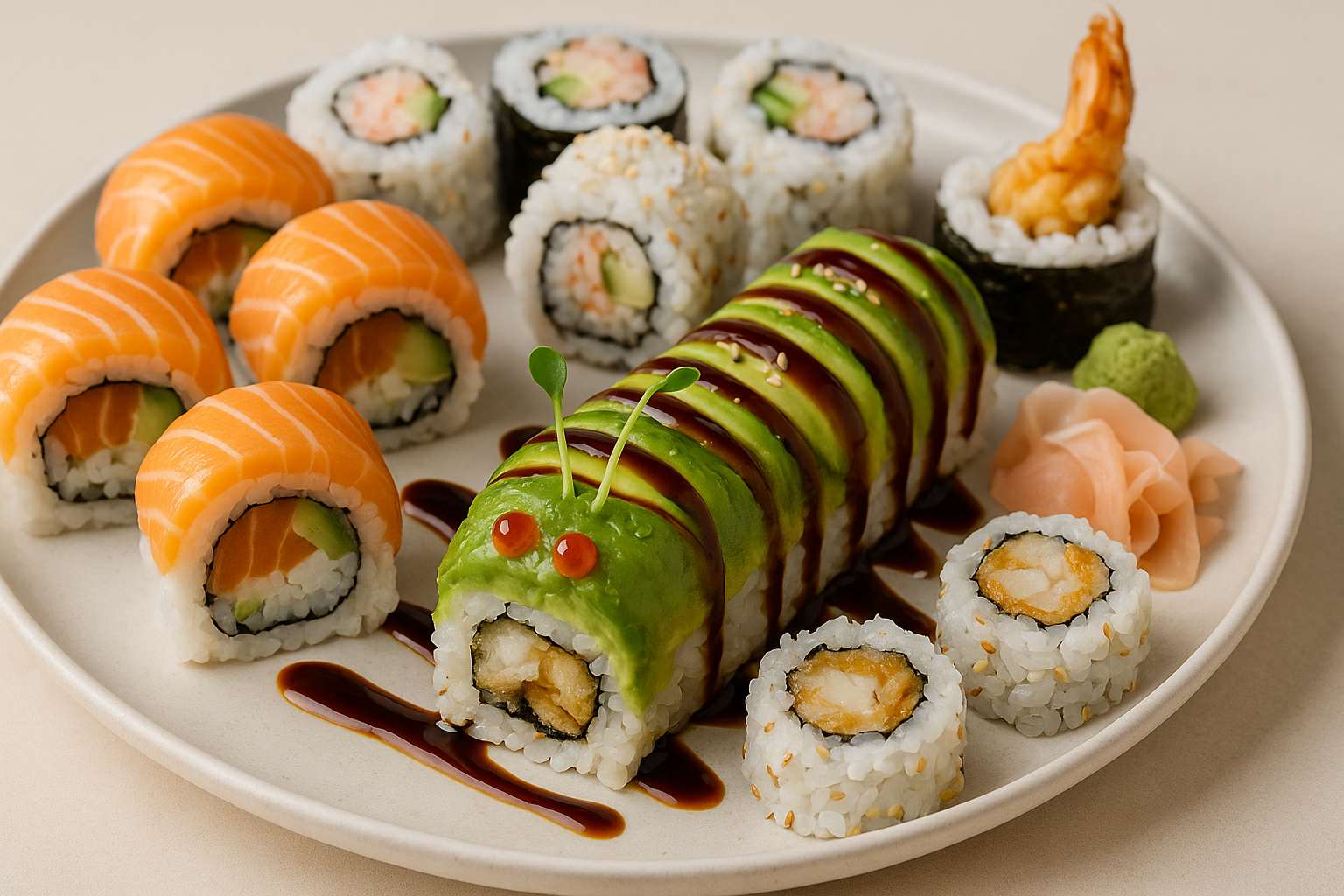 A variety of sushi rolls, including the popular Caterpillar Roll.