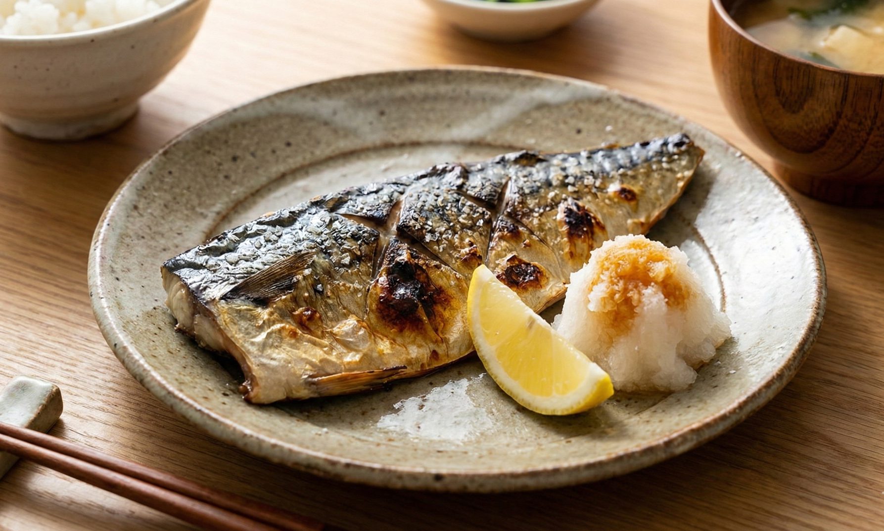 Authentic Saba Shioyaki (Grilled Mackerel) served with lemon and daikon