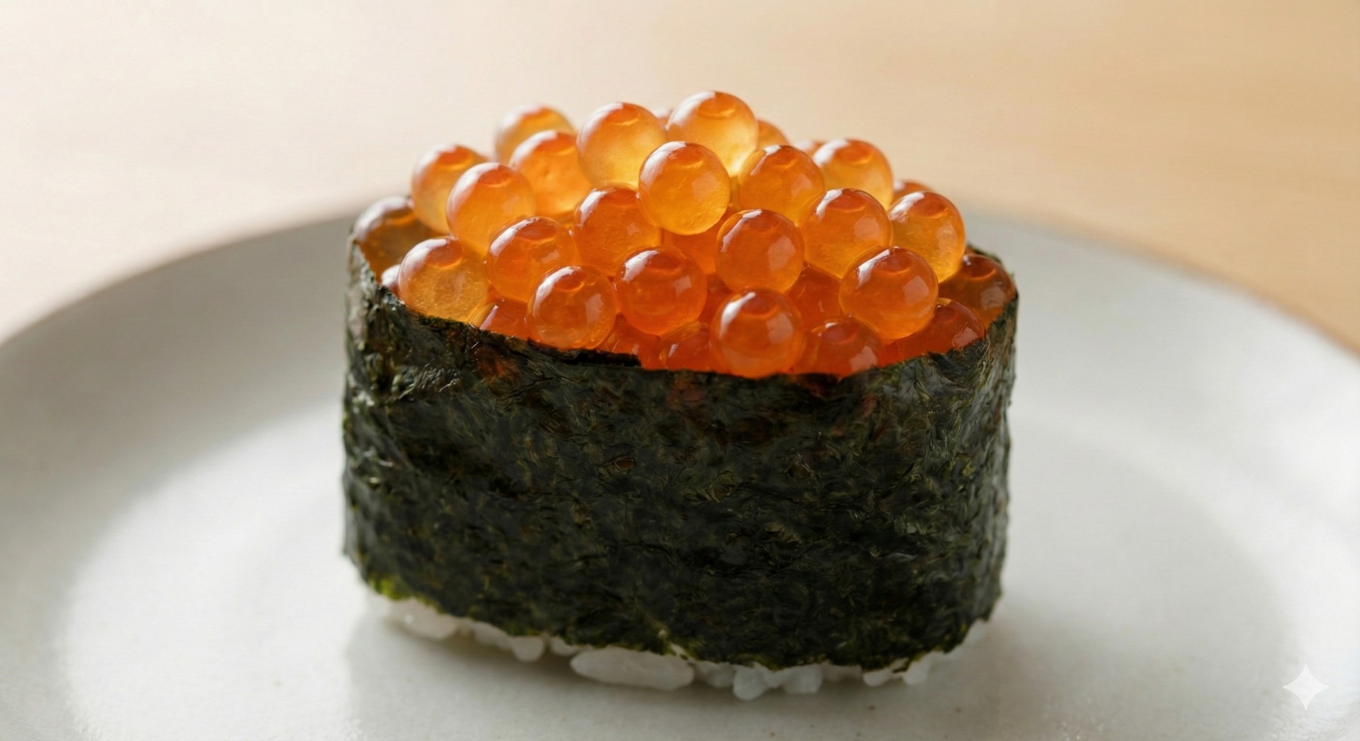 Close up of fresh Ikura (salmon roe) sushi, glistening and orange