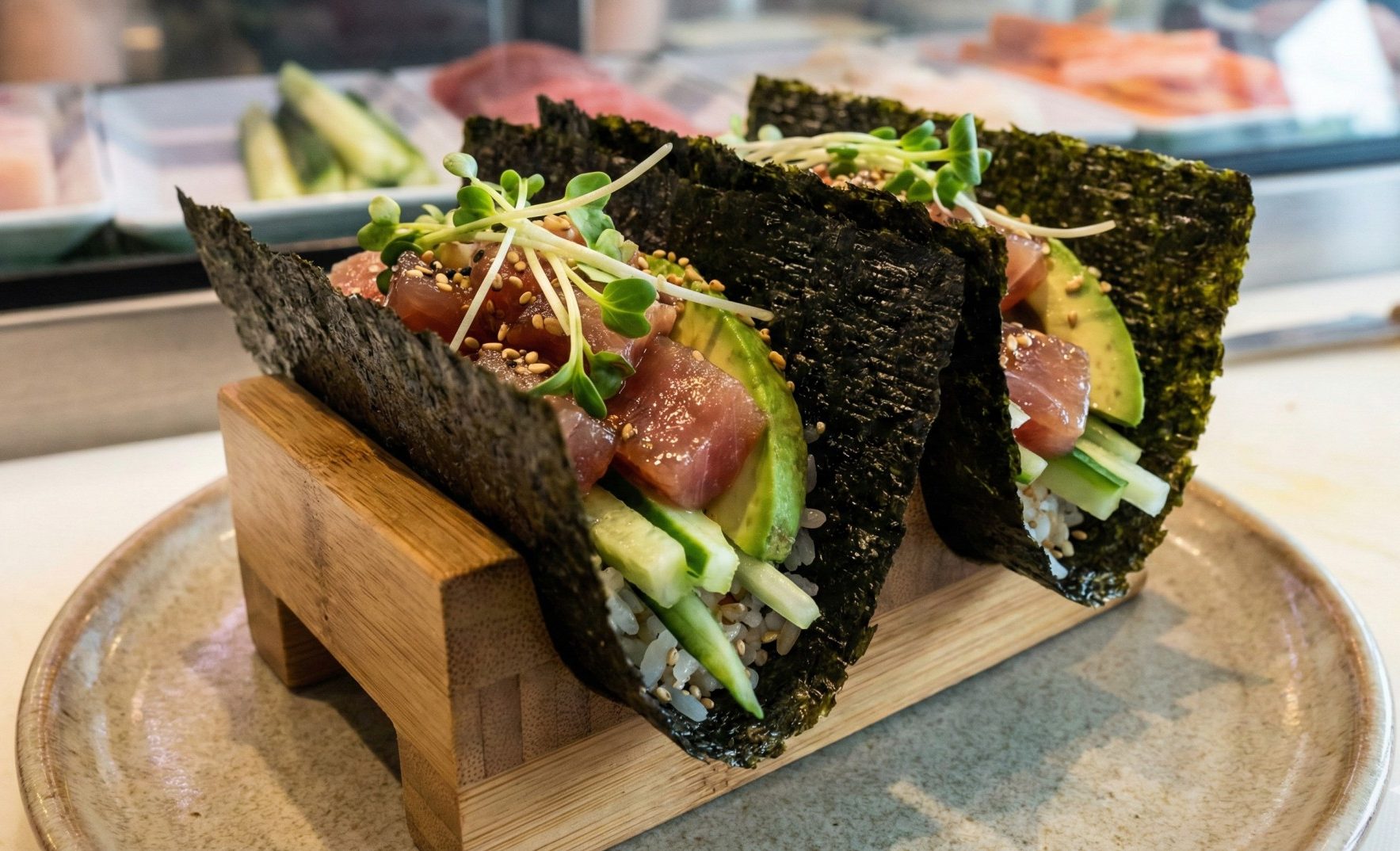 Close up of fresh hand rolls, showcasing the crisp nori and generous filling.