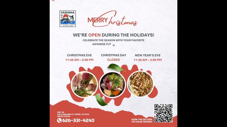 Read more about the article Yashima Holiday Hours | Open Christmas Eve & NYE in Covina