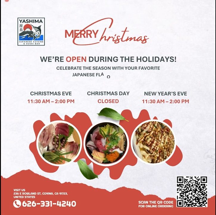 Read more about the article Yashima Holiday Hours | Open Christmas Eve & NYE in Covina